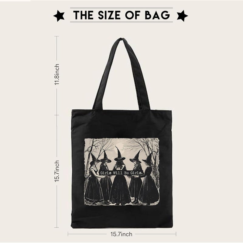 Kimoli Aesthetic Witchy Canvas Tote Bag for Women Funny Witchy Gifts for Women Cute Girls Will Be Girls Canvas Bag Spooky Reusable Beach Shoulder Grocery Casual Bag for Work Travel, Black - Image 3